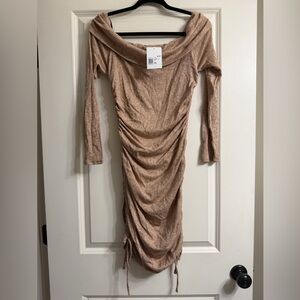 Forever 21 Tan Strapless Long Sleeve Ruched Dress
